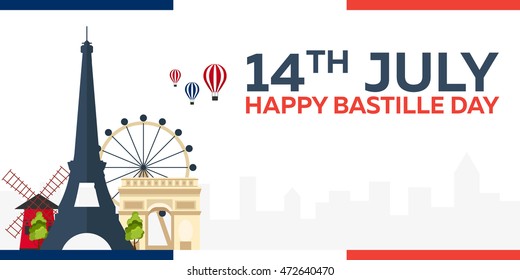 Bastille day. 14 July. Paris. Tourism. Eiffel Tower. France. Modern flat design.