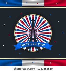bastille day background illustration with eiffel tower and waving flag