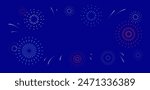Bastille day background. Vector horizontal illustration with festive fireworks on blue