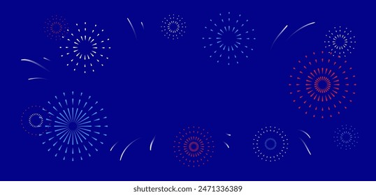 Bastille day background. Vector horizontal illustration with festive fireworks on blue