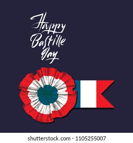 Bastille Day. Badge and ribbon. The French tricolor, the colors of the French flag. Hand lettering happy Bastille day. Hand drawing in sketch style.