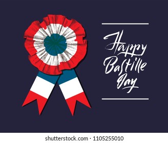 Bastille Day. Badge and ribbon. The French tricolor, the colors of the French flag. Hand lettering happy Bastille day. Hand drawing in sketch style.