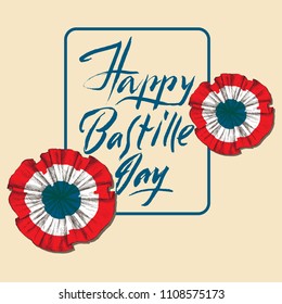 Bastille Day. Badge and ribbon. The French tricolor, the colors of the French flag. Hand lettering happy Bastille day. Hand drawing in sketch style.