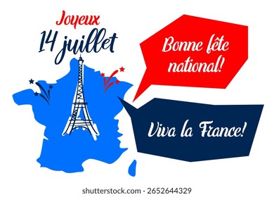 Banner do Dia da Bastilha com mapa da França, silhueta da Torre Eiffel, bolhas de fala vermelhas e azuis proclamando "Feliz dia nacional!" e "Viva a França!". Dia da Independência Nacional, cartão comemorativo de 14 de julho.