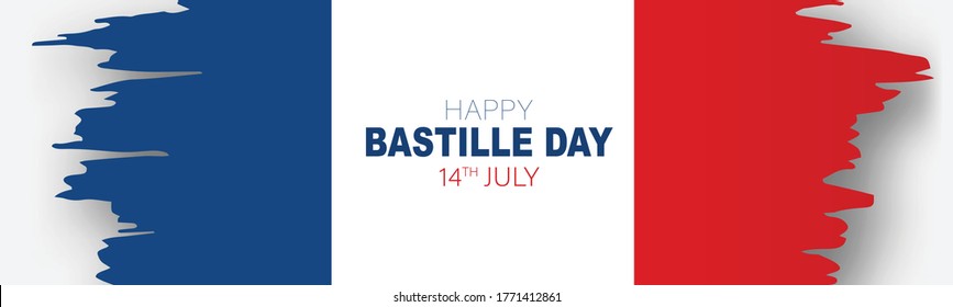 Bastille Day banner or header. July 14th France national holiday celebration. Blue, white, and red tricolor grunge french flag. Vector illustration with lettering.