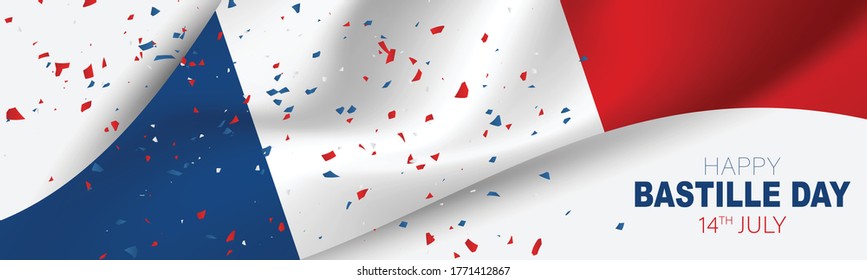 Bastille Day banner or header. July 14th France national holiday celebration. Blue, white, and red tricolor waving french flag. Vector illustration with lettering.