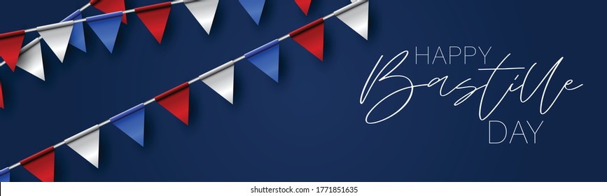 Bastille Day Banner Or Header. July 14th France National Holiday Celebration. Blue, White, And Red Tricolor French Flag Bunting. Vector Illustration With Lettering.