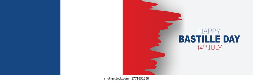 Bastille Day banner or header. July 14th France national holiday celebration. Blue, white, and red tricolor grunge french flag. Vector illustration with lettering.