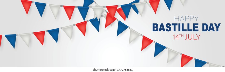 Bastille Day banner or header. July 14th France national holiday celebration. Blue, white, and red tricolor french flag bunting. Vector illustration with lettering.