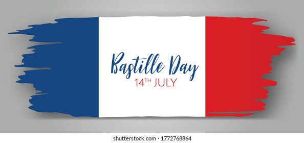 Bastille Day banner or header. July 14th France national holiday celebration. Blue, white, and red tricolor grunge french flag. Vector illustration with lettering.