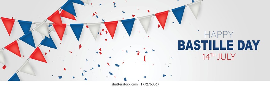 Bastille Day banner or header. July 14th France national holiday celebration. Blue, white, and red tricolor french flag bunting. Vector illustration with lettering.