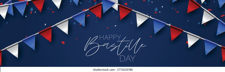 Bastille Day banner or header. July 14th France national holiday celebration. Blue, white, and red tricolor french flag bunting. Vector illustration with lettering.