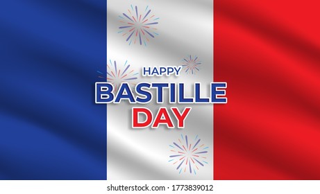 Bastille Day banner or header. July 14th France national holiday celebration. Blue, white, and red tricolor waving french flag. Vector illustration with lettering.