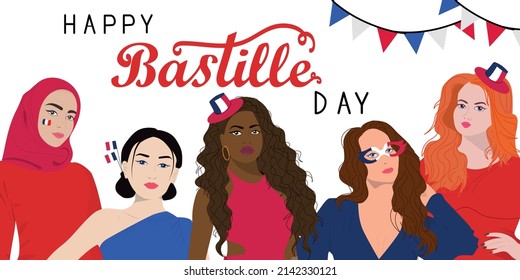 Bastille Day banner. Multiethnic group of women with France flags.