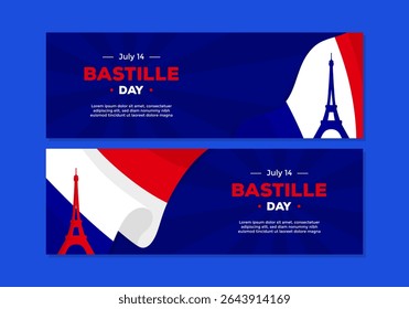 Bastille Day business banner template set illustration of France flag and Eiffel tower on dark blue background perfect for advertisement, greeting, promotion, and more