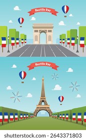 Bastille day celebration at Arc de Triomphe and Eiffel tower in Paris, Vector illustration.