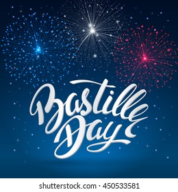 Bastille day celebration background with the tricolor fireworks and lettering. A template background for greeting cards and posters for July 14th. File contains clipping mask.