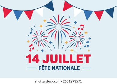 Bandeira de celebração do Dia da Bastilha, 14 juillet fête nationale, dia nacional francês, fogos de artifício, projeto de convite de festa patriótica