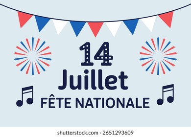 Bandeira de celebração do Dia da Bastilha, 14 juillet fête nationale, dia nacional francês, fogos de artifício, convite de festa patriótica, design festivo