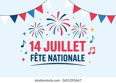 Bandeira de celebração do Dia da Bastilha, 14 juillet fête nationale, dia nacional francês, fogos de artifício, convite de festa patriótica, design festivo