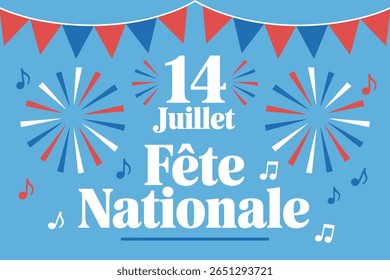 Banner de celebração do Dia da Bastilha, 14 juillet fête nationale, dia nacional francês, fogos de artifício, convite patriótico da festa, fundo azul