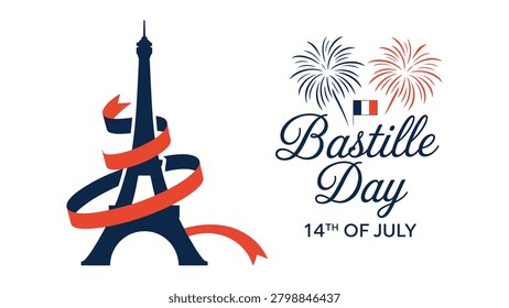 Bastille Day Celebration Banner Featuring Eiffel Tower with French Tricolor Ribbon, Fireworks Display and National Day Commemoration Design for July 14