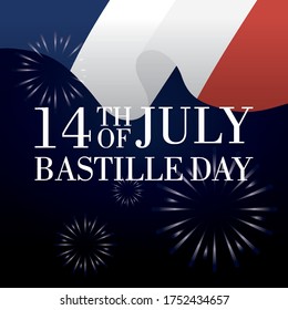 bastille day celebration card with france flag and fireworks vector illustration design