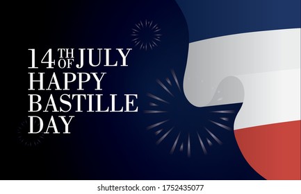 bastille day celebration card with france flag and fireworks vector illustration design