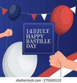 bastille day celebration card with france flag and balloons helium vector illustration design