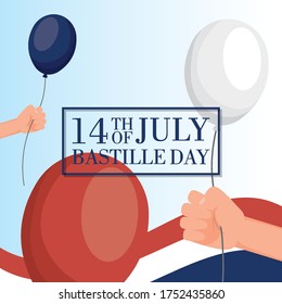 bastille day celebration card with france flag and balloons helium vector illustration design