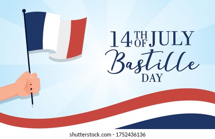 bastille day celebration card with hand waving france flag vector illustration design