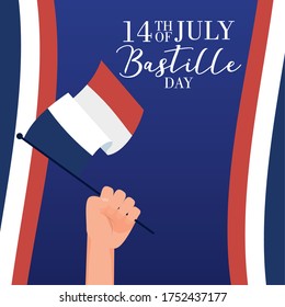 bastille day celebration card with hand waving france flag vector illustration design