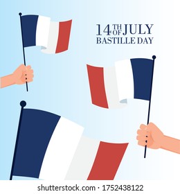 bastille day celebration card with hand waving france flags vector illustration design