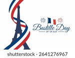 Bastille Day celebration with Eiffel Tower silhouette wrapped in French tricolor ribbon. 14th of July on white background. Suitable for poster, banner, or greeting card. Vector Illustration