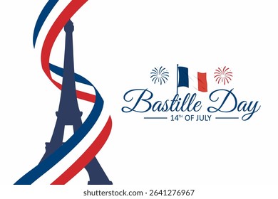Bastille Day celebration with Eiffel Tower silhouette wrapped in French tricolor ribbon. 14th of July on white background. Suitable for poster, banner, or greeting card. Vector Illustration
