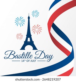 Bastille Day celebration with Eiffel Tower silhouette. 14th of July. Suitable for poster, banner, or greeting card. Vector Illustration