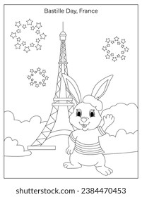 Bastille Day Celebration in France with cute rabbit coloring page for kids