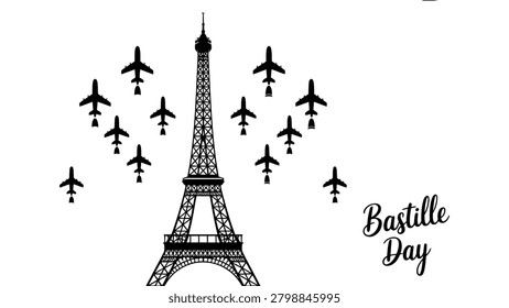 Bastille Day Celebration Illustration Featuring Eiffel Tower and Flying Aircraft Formation, French National Day Commemoration, Patriotism and Heritage Design