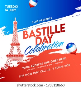 Bastille Day Celebration Invitation, Poster or Flyer Design with Event Details on France Flag Color Brush Stroke Background.