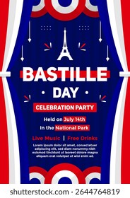 Bastille Day celebration party invitation poster template on blue background with France flag curtain on both sides. Bastille Day poster illustration