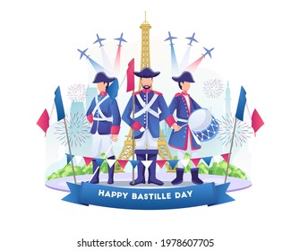 Bastille day celebration with people wearing french army outfits. Happy Bastille Day of France on 14th July. vector illustration