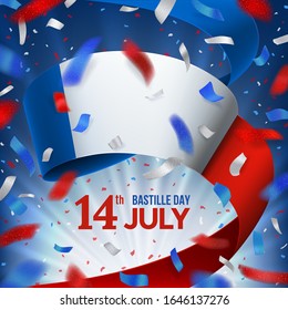 Bastille day celebration poster with blue, red, white flying confetti and national flag of France on a blue sky background with rays. 14th July vector illustration with salute and ribbon.