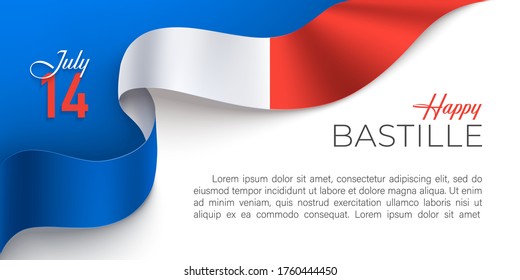 Bastille day celebration poster with blue, red, white color national flag of France on a white background with place for text. 14th July vector template design for websites, magazines. 