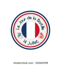 Bastille Day celebration stamp with flag of France over white background