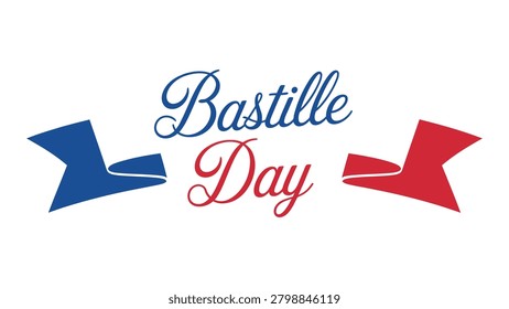 Bastille Day Celebration Typography Design Featuring French National Day Greeting with Tricolor Ribbon Elements, Patriotism, Heritage and Festive Banner