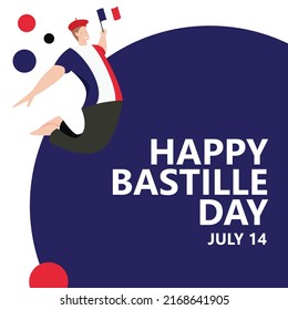 Bastille Day celebration vector illustration with a man jumping and holding the national flag. French national day greeting card.