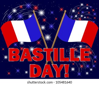 Bastille Day. Celebratory background with fireworks and flags. 10 EPS. Vector illustration.