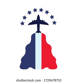 bastille day concept, aircraft with france flag and stars over white background, flat style, vector illustration