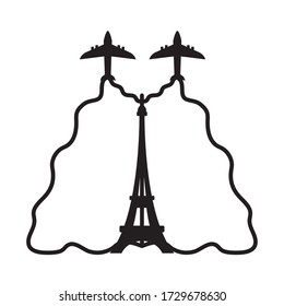 bastille day concept, aircraft with french flag and eiffel tower icon over white background, line style, vector illustration