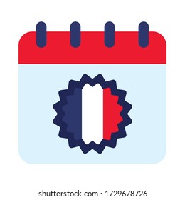 bastille day concept, calendar with france flag icon over white background, flat style, vector illustration